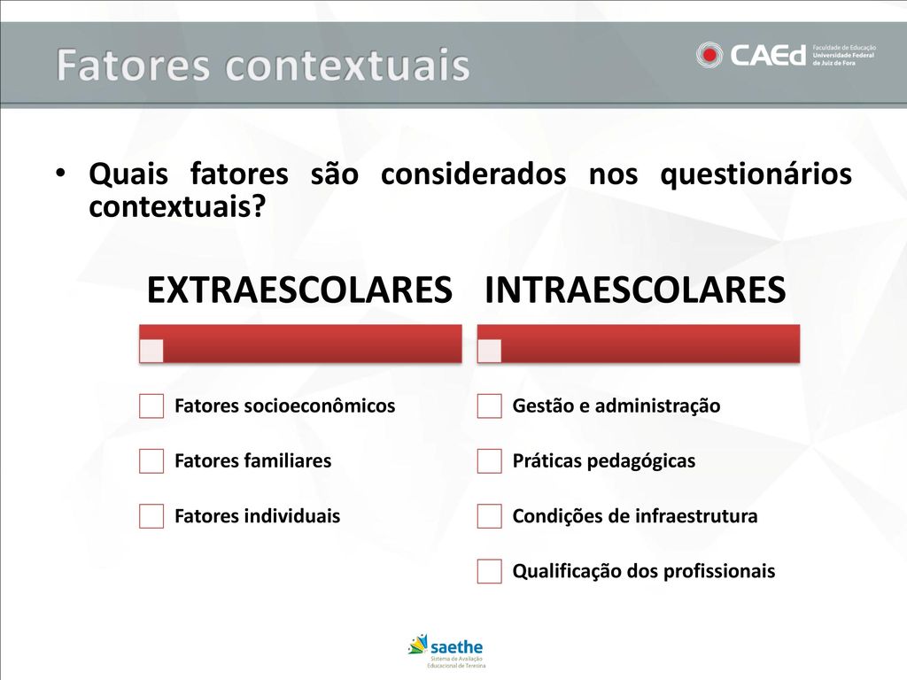 Fatores contextuais Quais fatores são considerados nos questionários contextuais EXTRAESCOLARES. Fatores socioeconômicos.