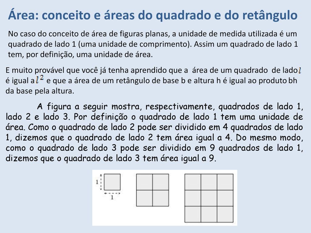 Área: conceito e áreas do quadrado e do retângulo