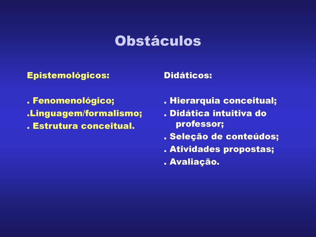 Obstáculos Epistemológicos: . Fenomenológico; .Linguagem/formalismo;