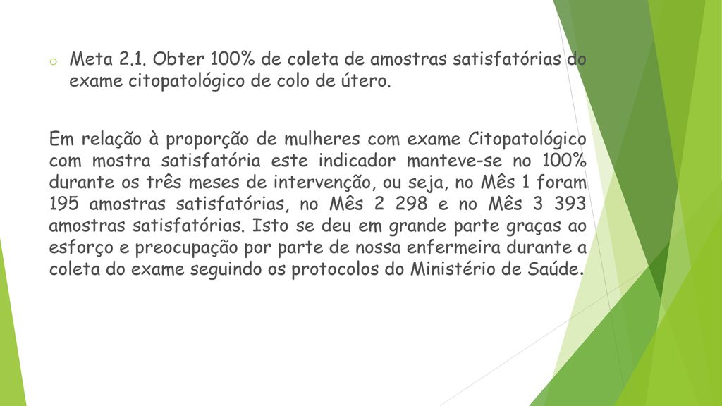 Meta 2.1. Obter 100% de coleta de amostras satisfatórias do exame citopatológico de colo de útero.