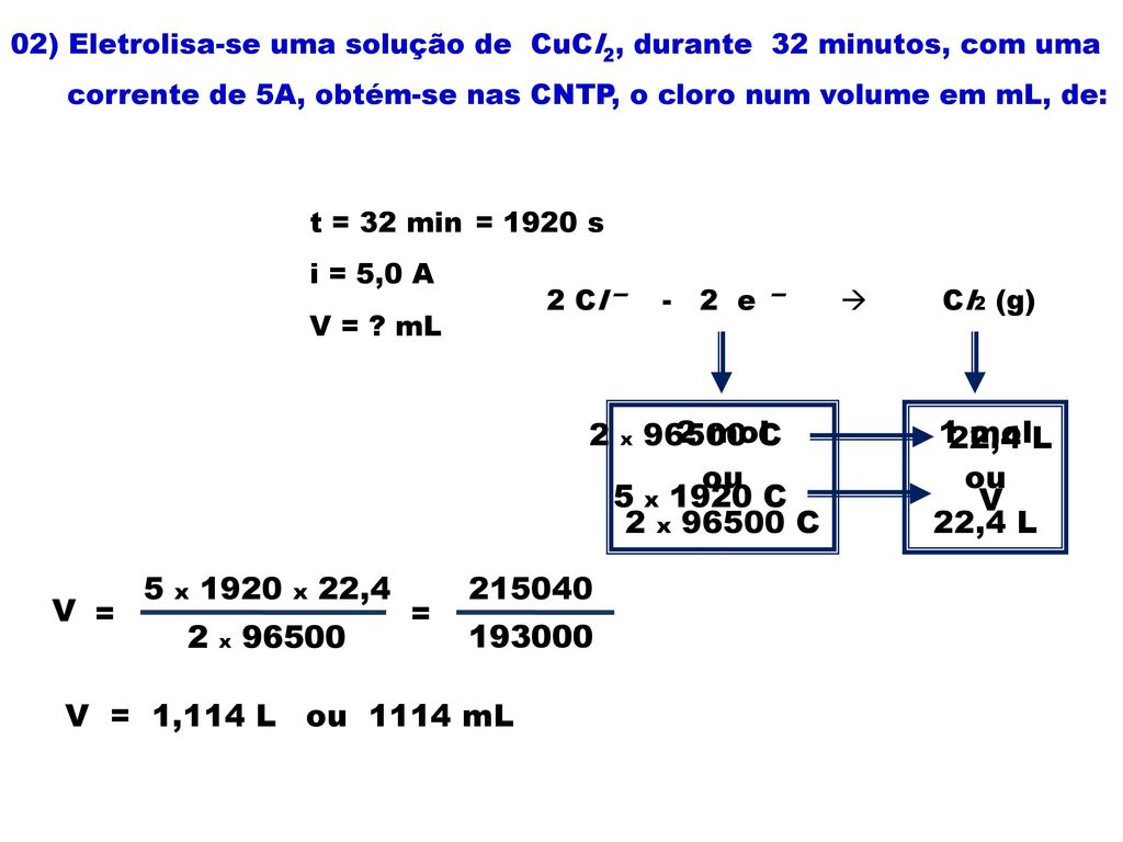 02) Eletrolisa-se uma solução de CuCl2, durante 32 minutos, com uma