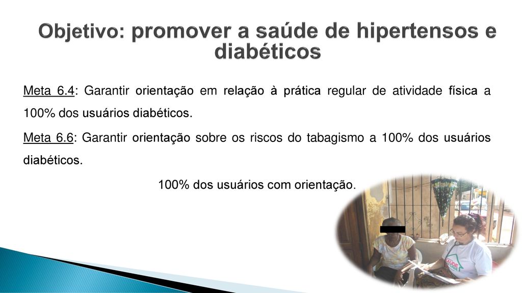 Objetivo: promover a saúde de hipertensos e diabéticos
