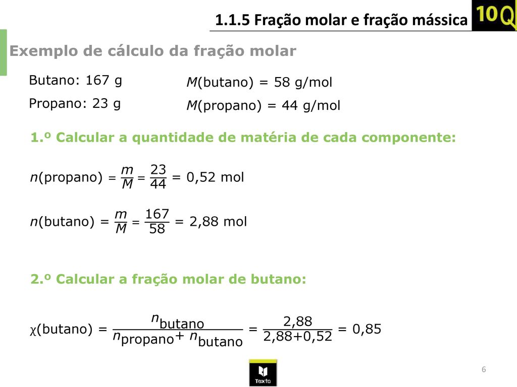 Exemplo de cálculo da fração molar