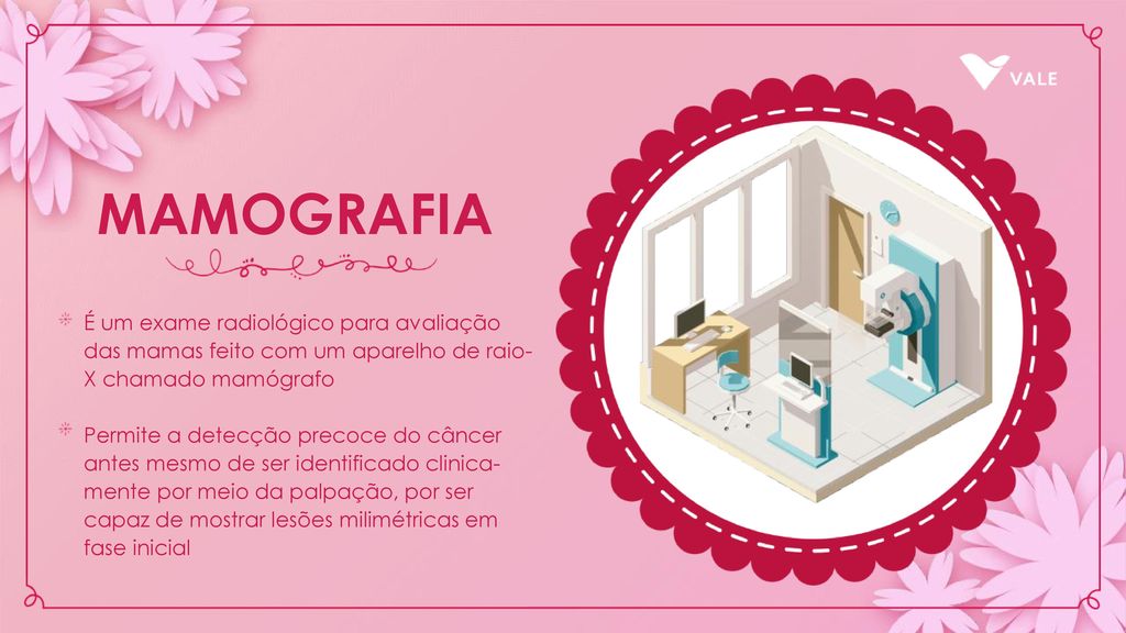 MAMOGRAFIA É um exame radiológico para avaliação das mamas feito com um aparelho de raio-X chamado mamógrafo.