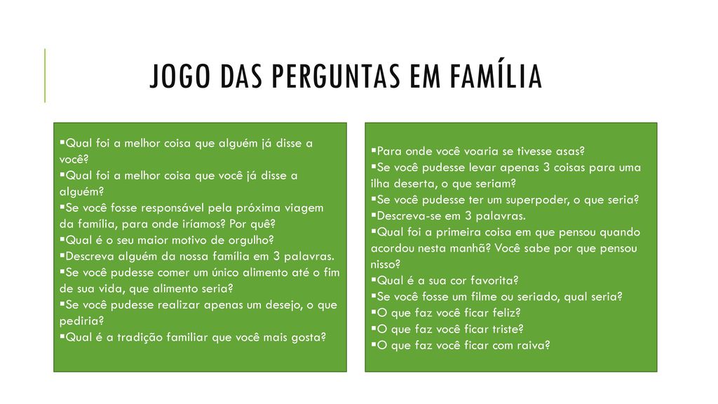 DIA DA FAMÍLIA NA ESCOLA  Jogo de perguntas e respostas 