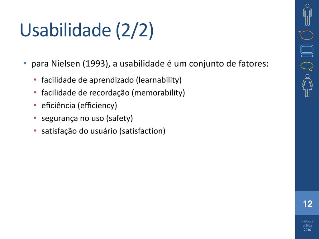 Usabilidade (2/2) para Nielsen (1993), a usabilidade é um conjunto de fatores: facilidade de aprendizado (learnability)