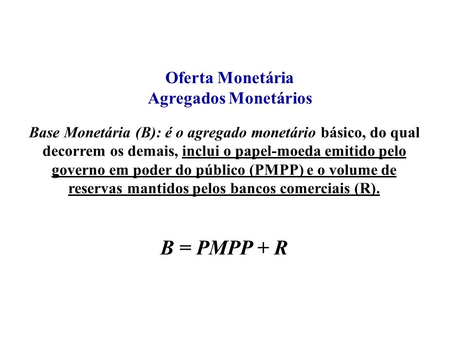B = PMPP + R Oferta Monetária Agregados Monetários
