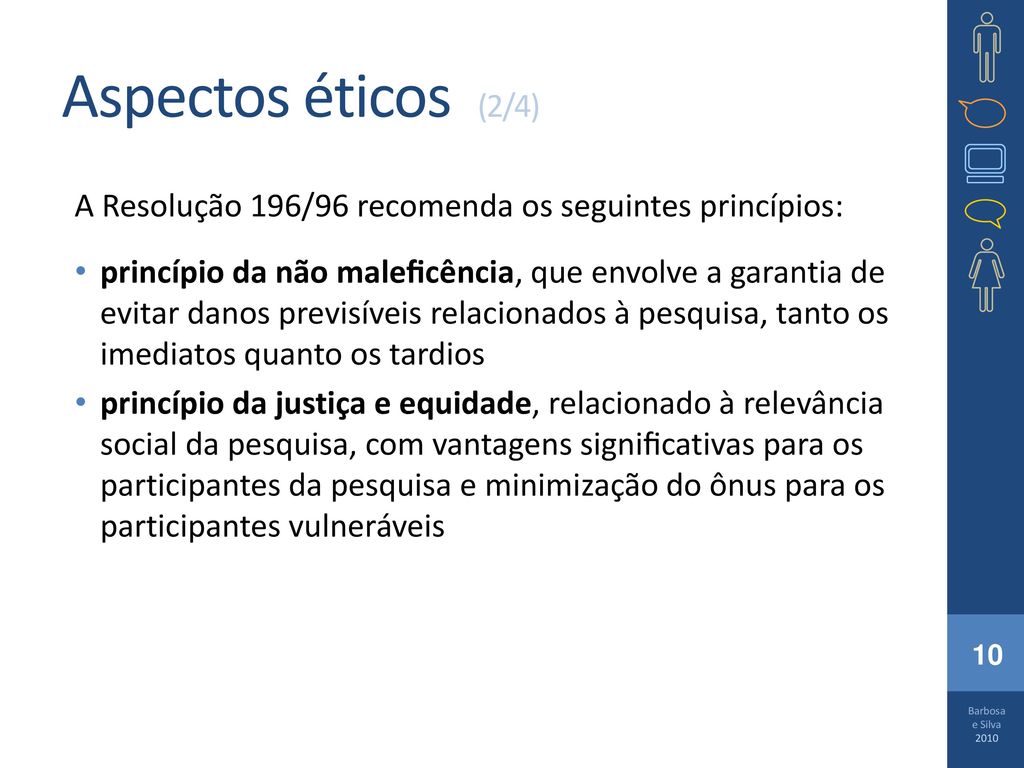 Aspectos éticos (2/4) A Resolução 196/96 recomenda os seguintes princípios: