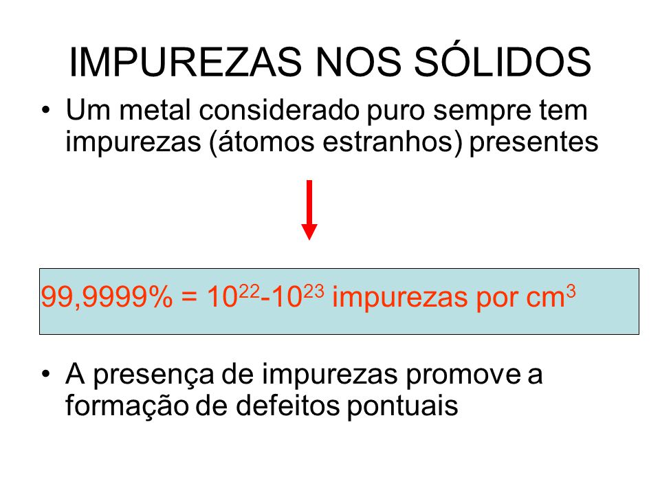 IMPUREZAS NOS SÓLIDOS Um metal considerado puro sempre tem impurezas (átomos estranhos) presentes. 99,9999% = impurezas por cm3.