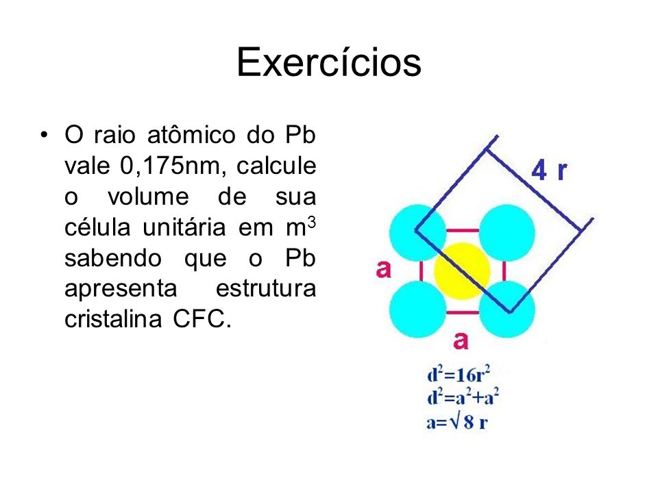 Exercícios O raio atômico do Pb vale 0,175nm, calcule o volume de sua célula unitária em m3 sabendo que o Pb apresenta estrutura cristalina CFC.