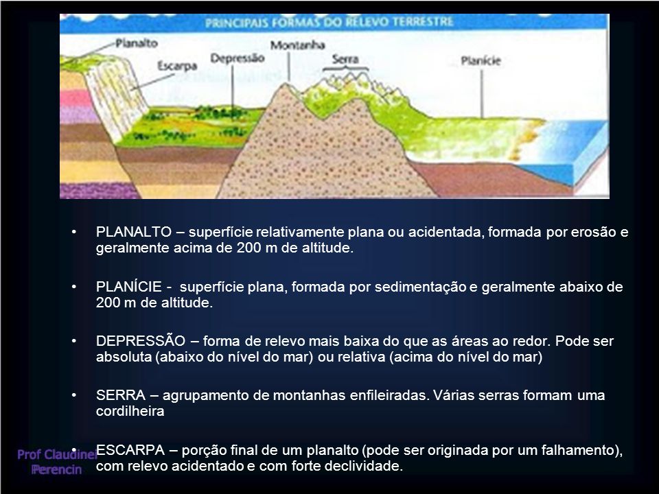 PLANALTO – superfície relativamente plana ou acidentada, formada por erosão e geralmente acima de 200 m de altitude.