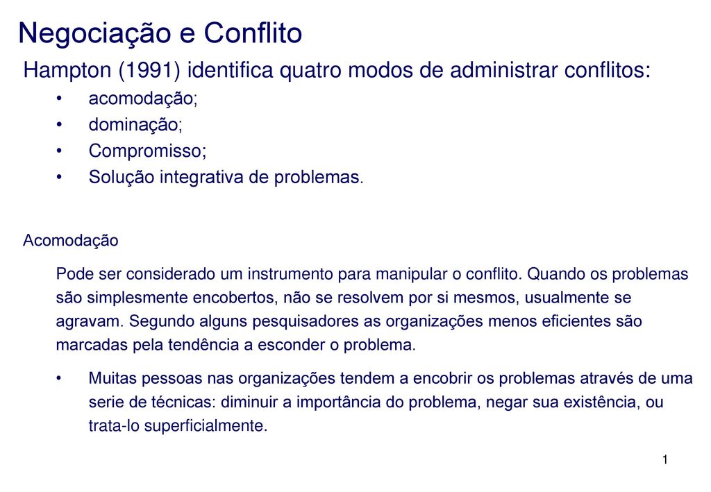 Negociação e Conflito Hampton (1991) identifica quatro modos de administrar conflitos: acomodação;