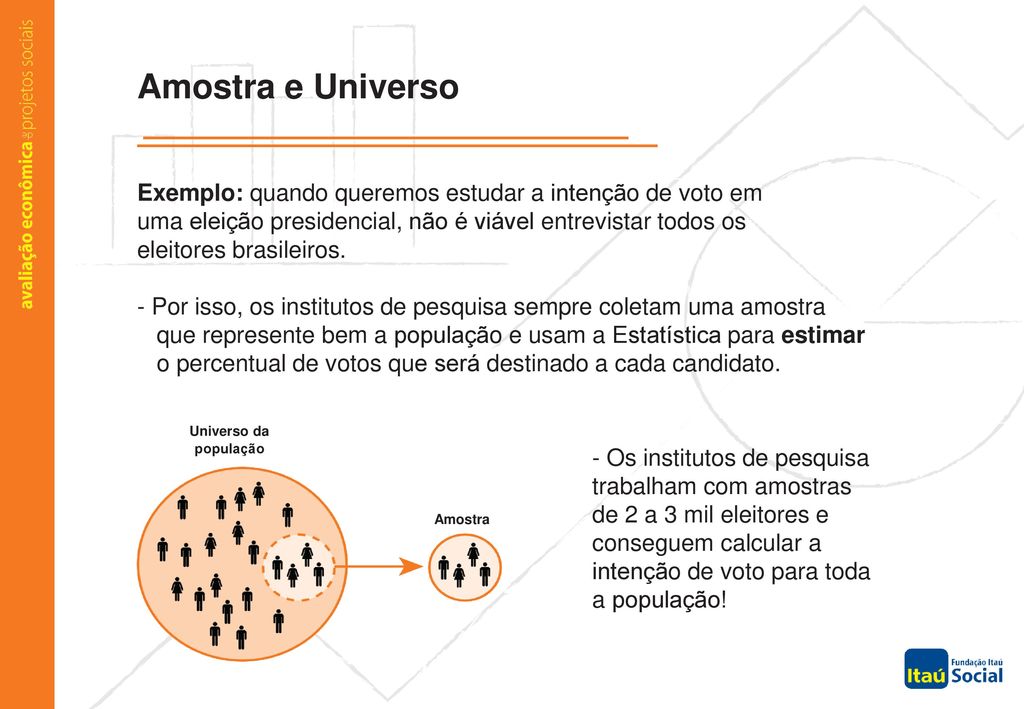 Amostra e Universo Exemplo: quando queremos estudar a intenção de voto em.