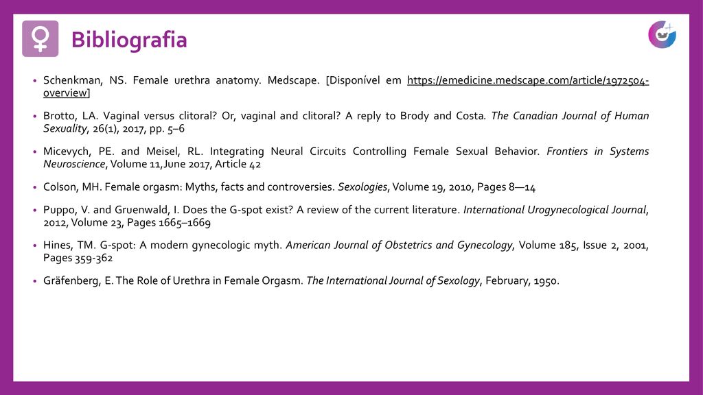 Bibliografia Schenkman, NS. Female urethra anatomy. Medscape. [Disponível em   overview]