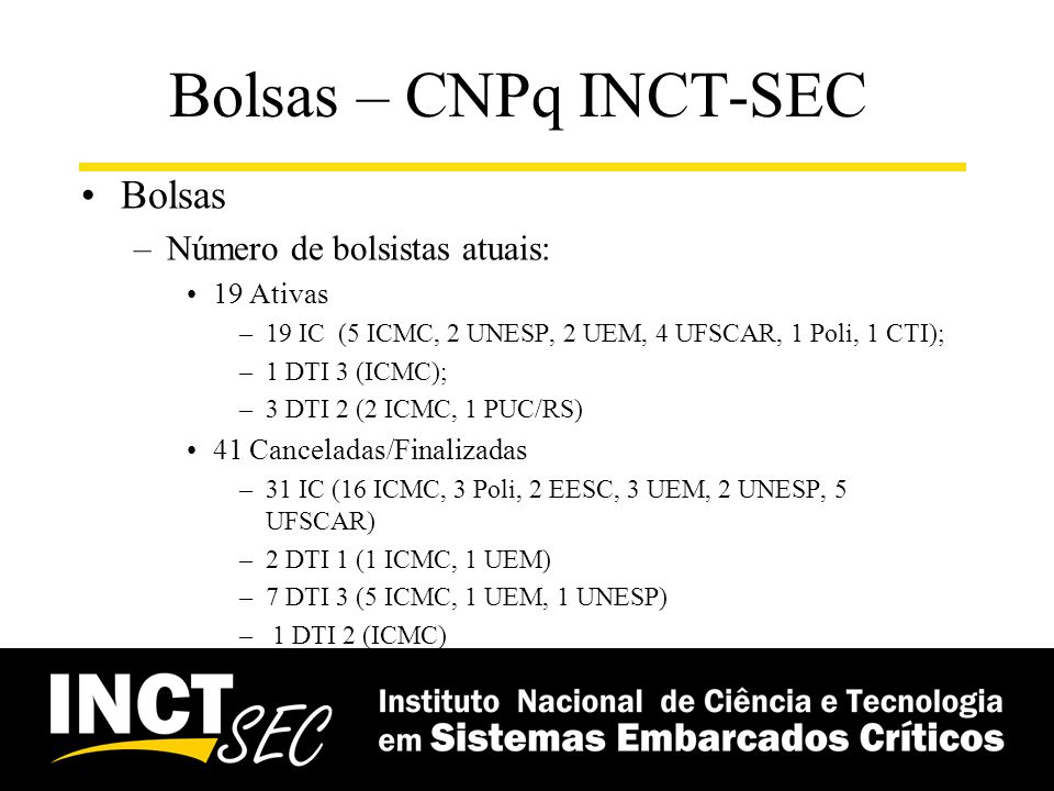 Bolsas – CNPq INCT-SEC Bolsas Número de bolsistas atuais: 19 Ativas
