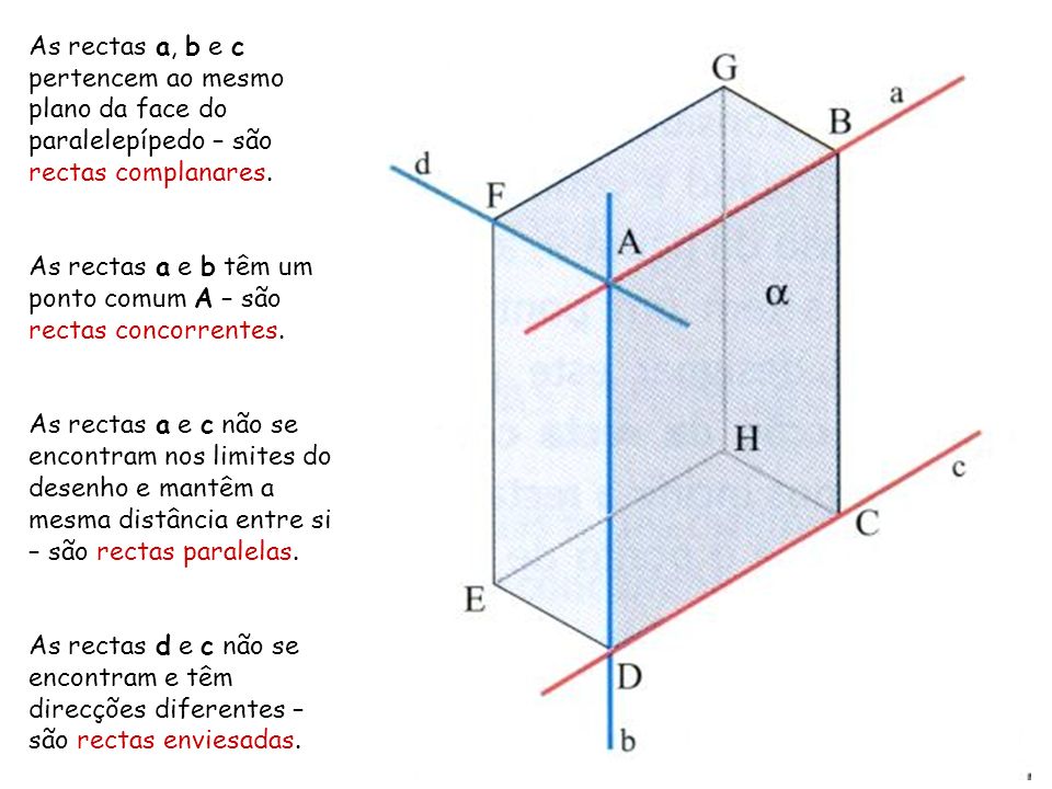 As rectas a, b e c pertencem ao mesmo plano da face do paralelepípedo – são rectas complanares.
