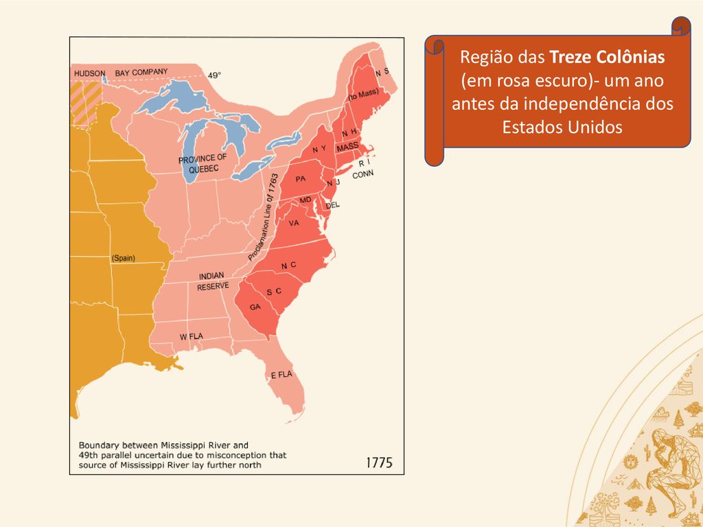 Região das Treze Colônias (em rosa escuro)- um ano antes da independência dos Estados Unidos