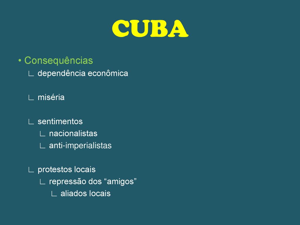 CUBA • Consequências ∟ dependência econômica ∟ miséria ∟ sentimentos