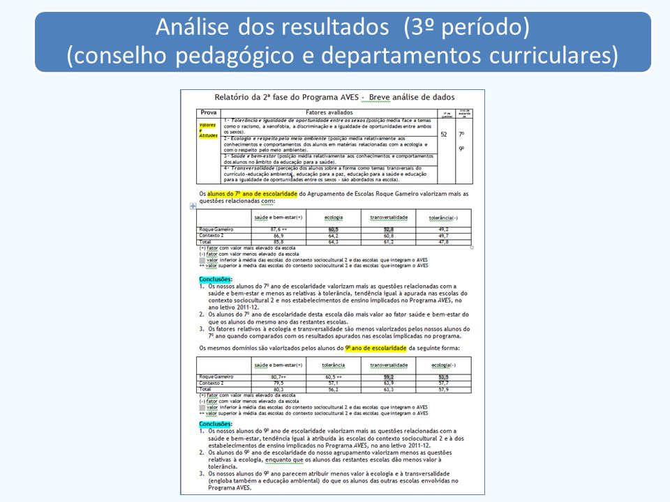Análise dos resultados (3º período) (conselho pedagógico e departamentos curriculares)