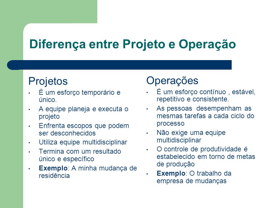 Diferença entre Projeto e Operação