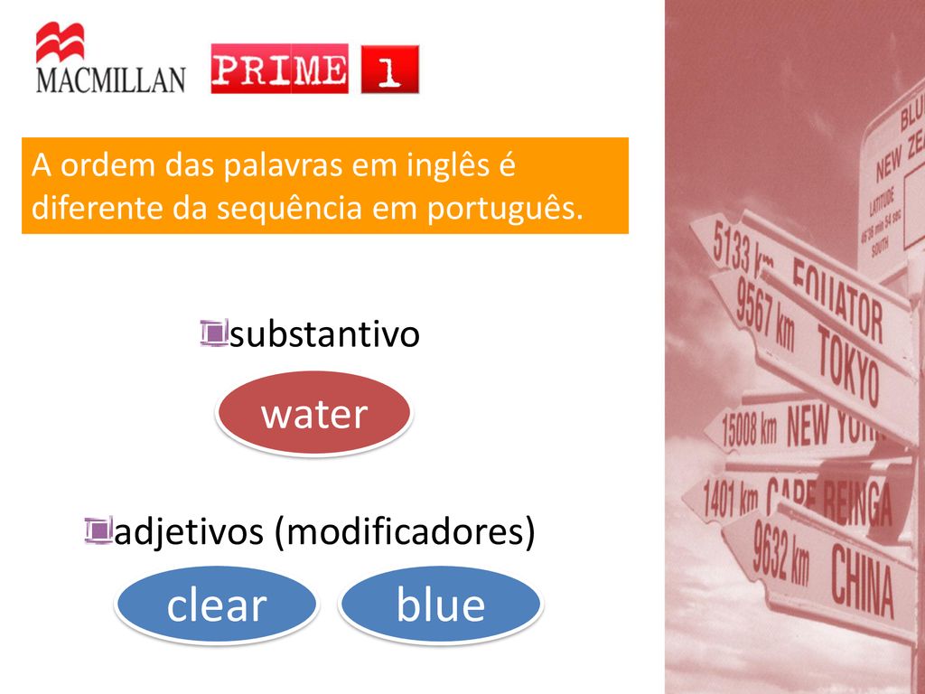 A ordem das palavras em inglês é diferente da sequência em