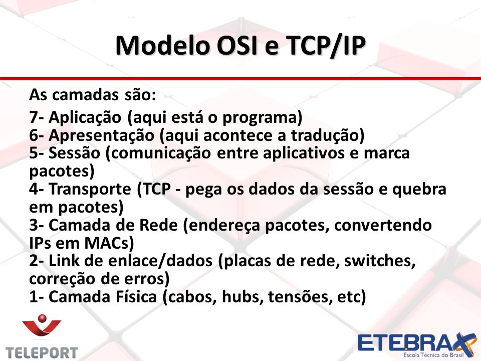 Modelo OSI e TCP/IP As camadas são: