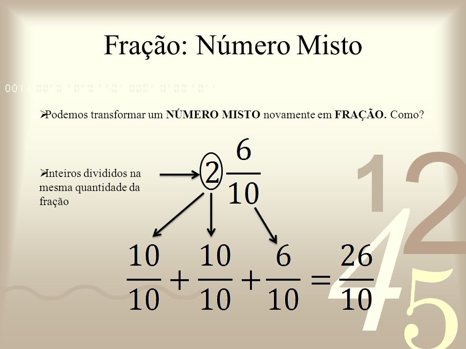 Fração: Número Misto Podemos transformar um NÚMERO MISTO novamente em FRAÇÃO.