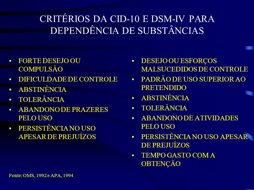 CRITÉRIOS DA CID-10 E DSM-IV PARA DEPENDÊNCIA DE SUBSTÂNCIAS