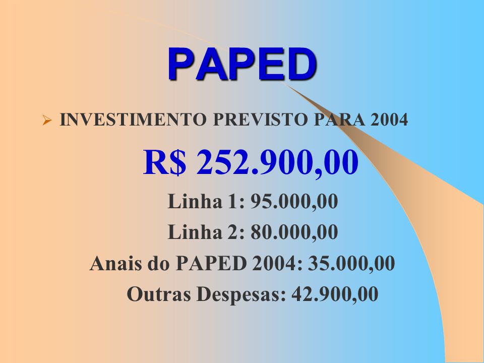 PAPED INVESTIMENTO PREVISTO PARA R$ ,00. Linha 1: ,00. Linha 2: ,00. Anais do PAPED 2004: ,00.