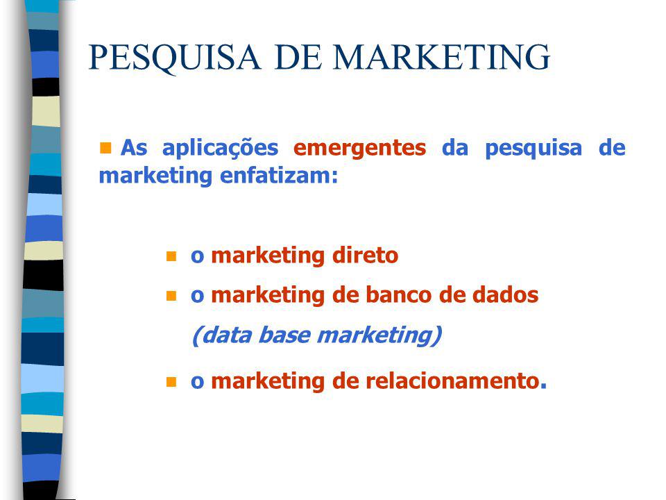 PESQUISA DE MARKETING As aplicações emergentes da pesquisa de marketing enfatizam: o marketing direto.