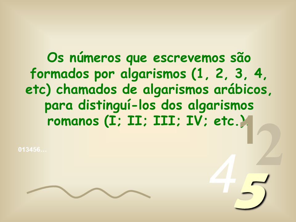 Os números que escrevemos são formados por algarismos (1, 2, 3, 4, etc) chamados de algarismos arábicos, para distinguí-los dos algarismos romanos (I; II; III; IV; etc.).