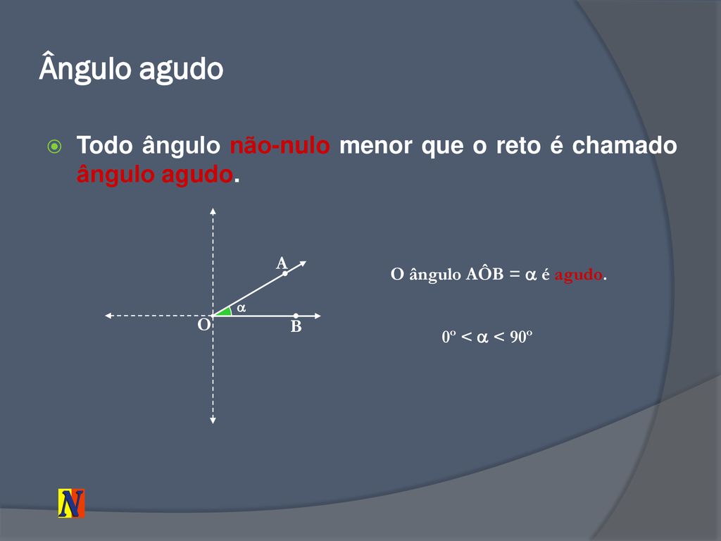 Ângulo agudo Todo ângulo não-nulo menor que o reto é chamado ângulo agudo. A. O ângulo AÔB =  é agudo.
