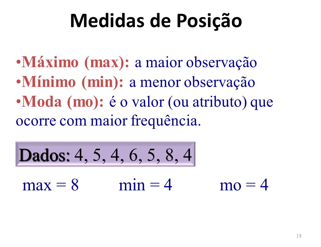 Medidas de Posição Dados: 4, 5, 4, 6, 5, 8, 4 max = 8 min = 4 mo = 4