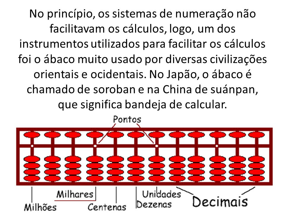 No princípio, os sistemas de numeração não facilitavam os cálculos, logo, um dos instrumentos utilizados para facilitar os cálculos foi o ábaco muito usado por diversas civilizações orientais e ocidentais.