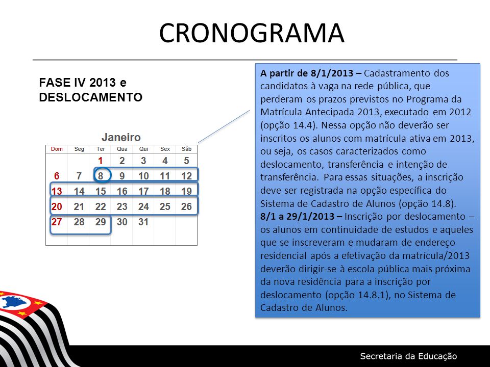 CRONOGRAMA FASE IV 2013 e DESLOCAMENTO
