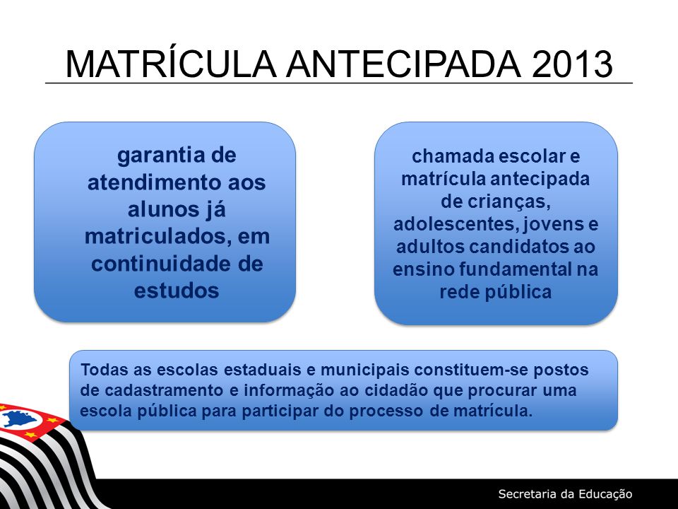 MATRÍCULA ANTECIPADA 2013 garantia de atendimento aos alunos já matriculados, em continuidade de estudos.