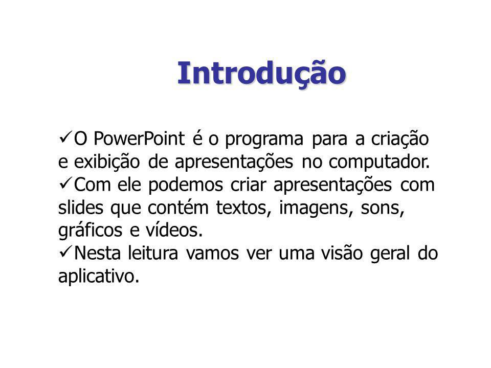 Introdução O PowerPoint é o programa para a criação e exibição de apresentações no computador.