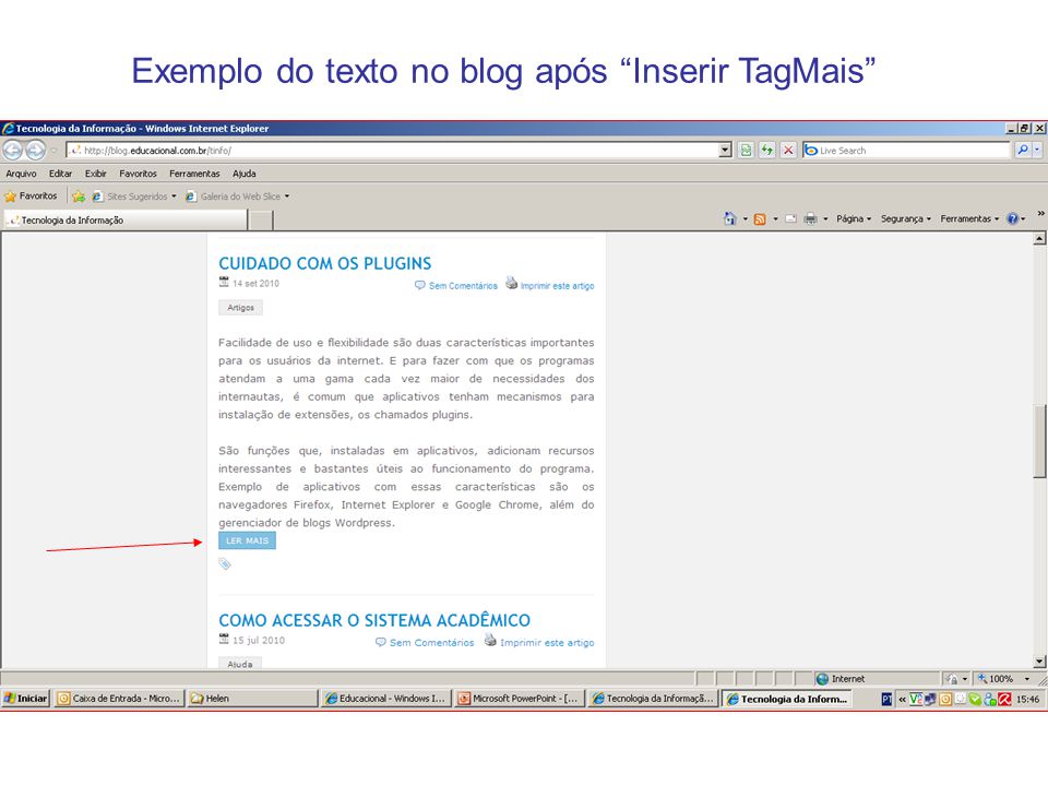 Exemplo do texto no blog após Inserir TagMais