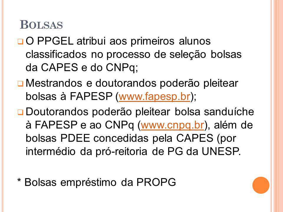 Bolsas O PPGEL atribui aos primeiros alunos classificados no processo de seleção bolsas da CAPES e do CNPq;