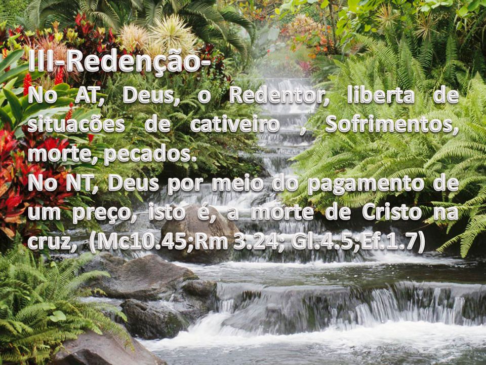 III-Redenção- No AT, Deus, o Redentor, liberta de situacões de cativeiro , Sofrimentos, morte, pecados.