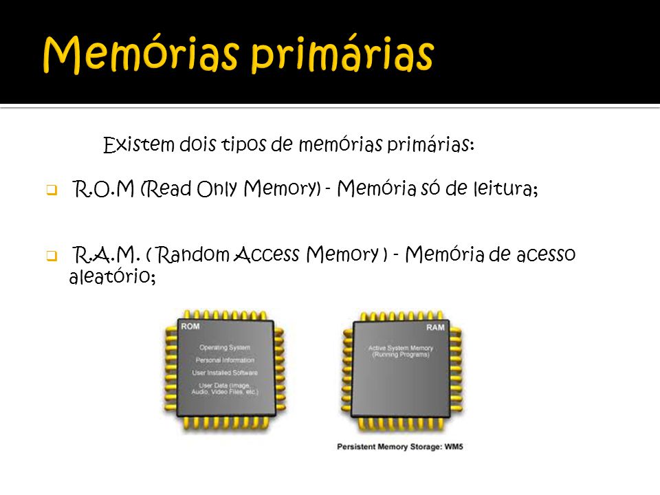 Memórias primárias Existem dois tipos de memórias primárias: