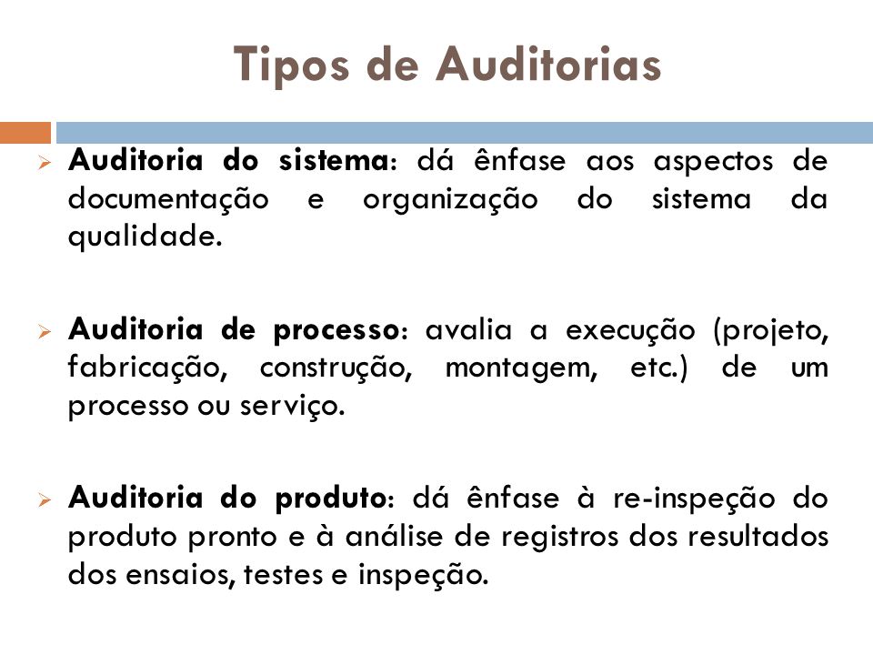Tipos de Auditorias Auditoria do sistema: dá ênfase aos aspectos de documentação e organização do sistema da qualidade.