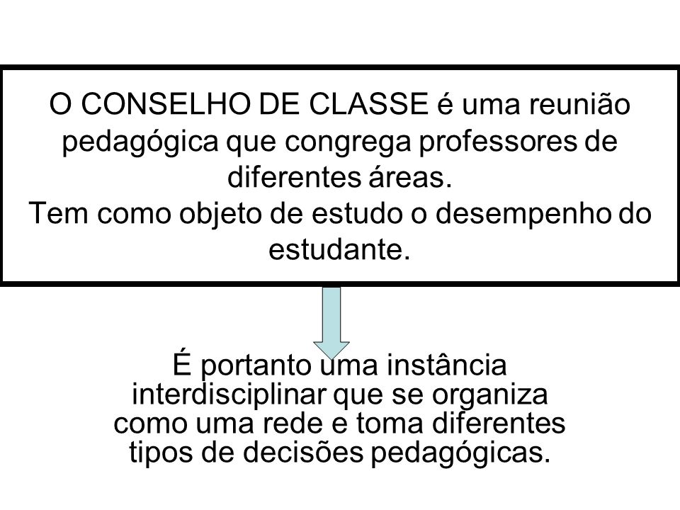 O CONSELHO DE CLASSE é uma reunião pedagógica que congrega professores de diferentes áreas. Tem como objeto de estudo o desempenho do estudante.