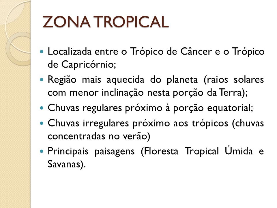 ZONA TROPICAL Localizada entre o Trópico de Câncer e o Trópico de Capricórnio;