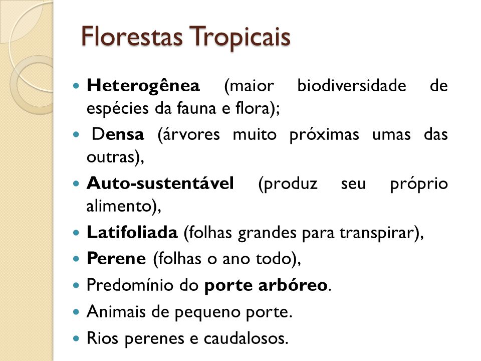 Florestas Tropicais Heterogênea (maior biodiversidade de espécies da fauna e flora); Densa (árvores muito próximas umas das outras),