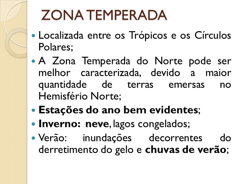 ZONA TEMPERADA Localizada entre os Trópicos e os Círculos Polares;