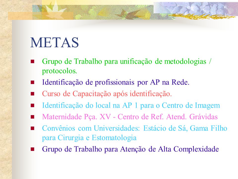 METAS Grupo de Trabalho para unificação de metodologias / protocolos.