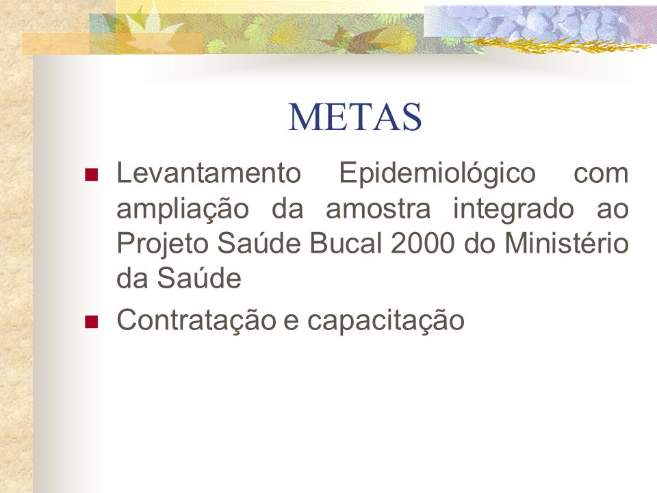 METAS Levantamento Epidemiológico com ampliação da amostra integrado ao Projeto Saúde Bucal 2000 do Ministério da Saúde.