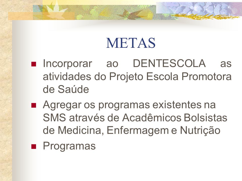 METAS Incorporar ao DENTESCOLA as atividades do Projeto Escola Promotora de Saúde.