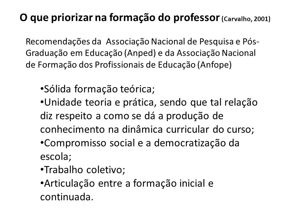 O que priorizar na formação do professor (Carvalho, 2001)